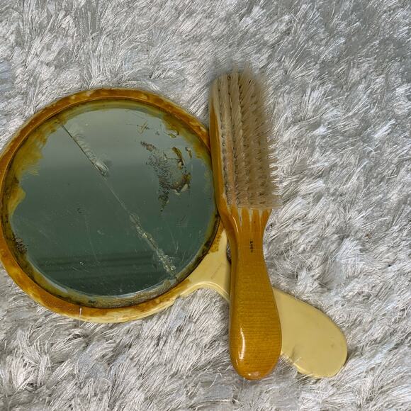 Antique 20s Mirror and Brush Set Wood Handle Hairbrush Celluoid - Picture 7 of 7